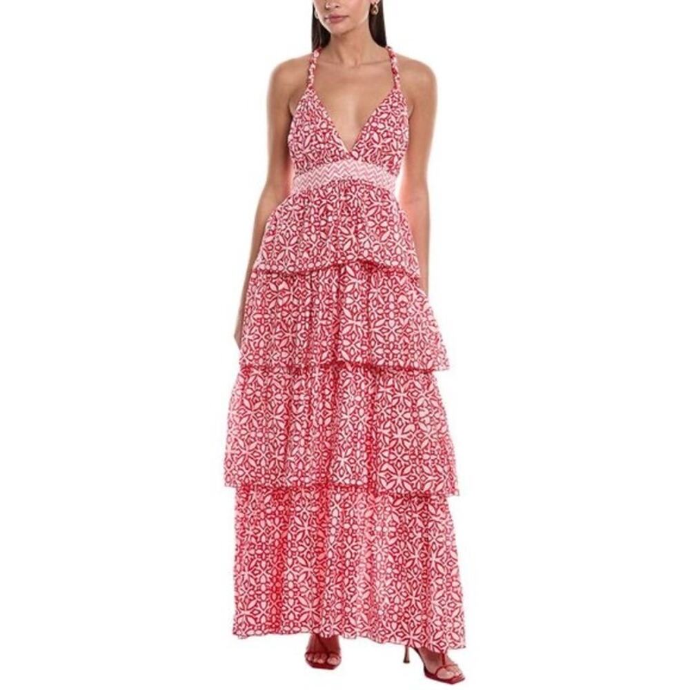 Ro's Garden Womens XS Nevada Maxi Dress Red Tiered Boho Floral Party Bridal